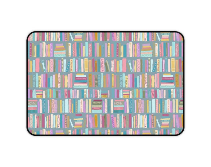 Bookshelf Pattern Desk Mat | Hand-Drawn Pastel Books, Reading Room Decor
