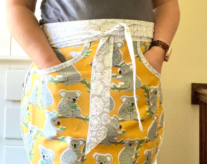 Handmade Gathering Apron, Mango Koala print; gardening, harvesting, laundry.