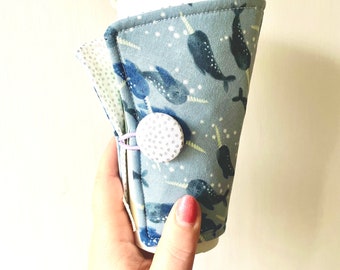 Coffee Cozy-fits all size hot/iced drinks Pattern: Sea of Narwhals