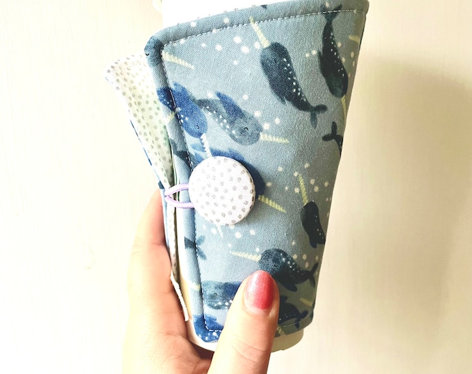 Coffee Cozy-fits all size hot/iced drinks Pattern: Sea of Narwhals