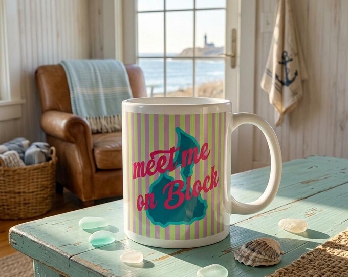 Meet Me on Block Island Mug; hand-drawn Rhode Island art