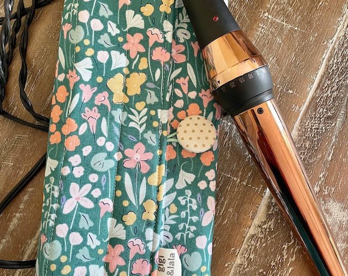 Hot hair iron travel pouch: curling iron, flat iron, insulated bag; Green Gardens print