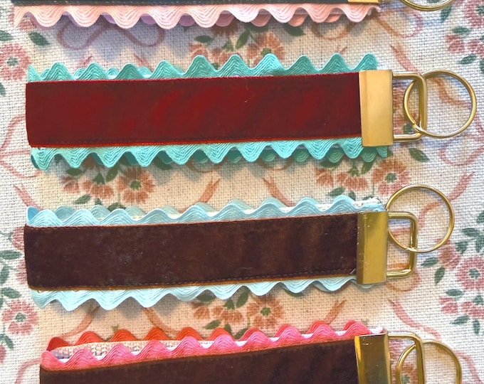 Velvet key fob, handmade with vintage trim and gold tone hardware