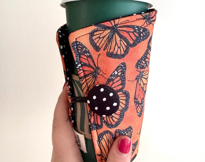 Coffee Cozy-fits all size hot/iced drinks, Pattern: Mega Monarch