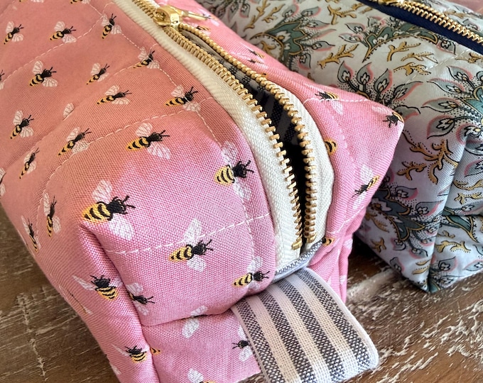 Handmade quilted boxy zipper pouch for pens, cosmetics, accessories