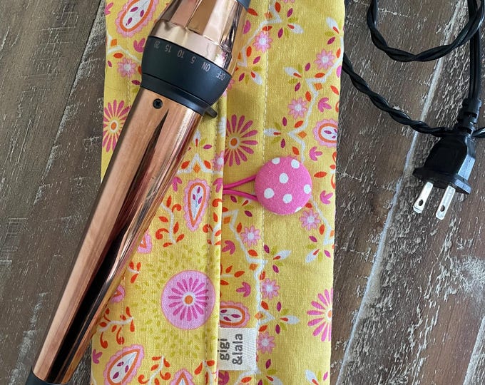 Hot hair iron travel pouch: curling iron, flat iron, insulated bag; Sunny Yellow Medallion print