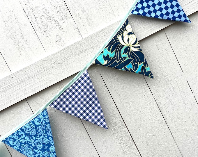 Blue Check Flag Bunting; nursery, party, decor