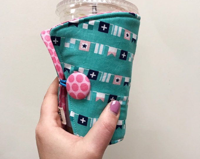 Coffee Cozy-fits all size hot/iced drinks Pattern: Preppy Nautical Flags