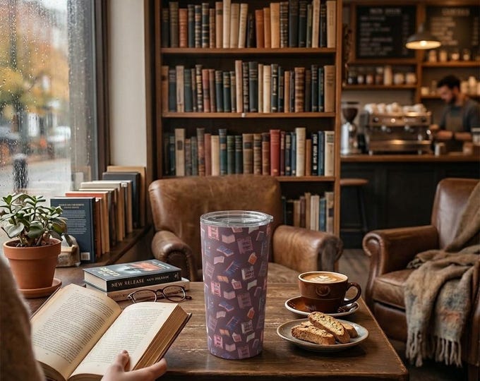 Book Cart Pattern Tumbler 20oz | Hand-drawn Library Theme