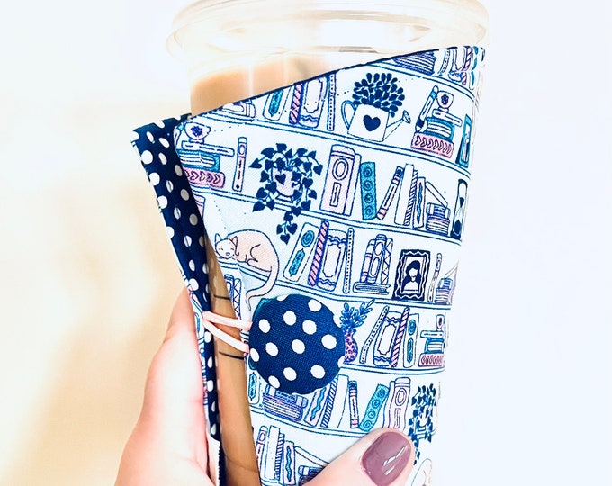 Coffee Cozy-fits all size hot/iced drinks Pattern: Cats + Books + Plants