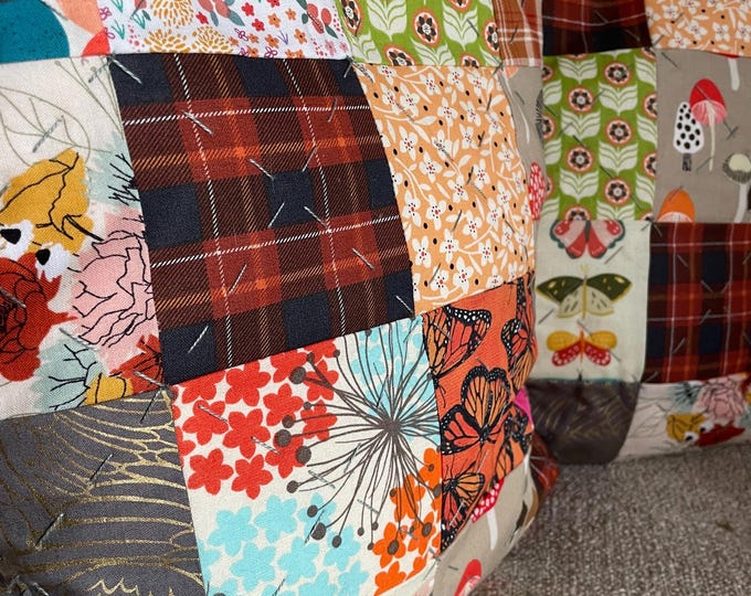 Hand quilted patchwork pillow sham / Autumn Leaves pattern