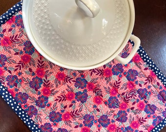 Hot Pad / Trivet for Serving Dishes, Burgundy Blooms print with Navy Dot back