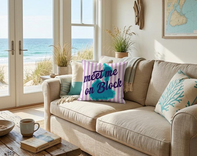 Block Island Pillow: Linen-Feel Accent Pillow, hand-drawn Rhode Island art