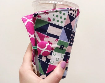 Coffee Cozy-fits all size hot/iced drinks Pattern: Preppy Derby Day