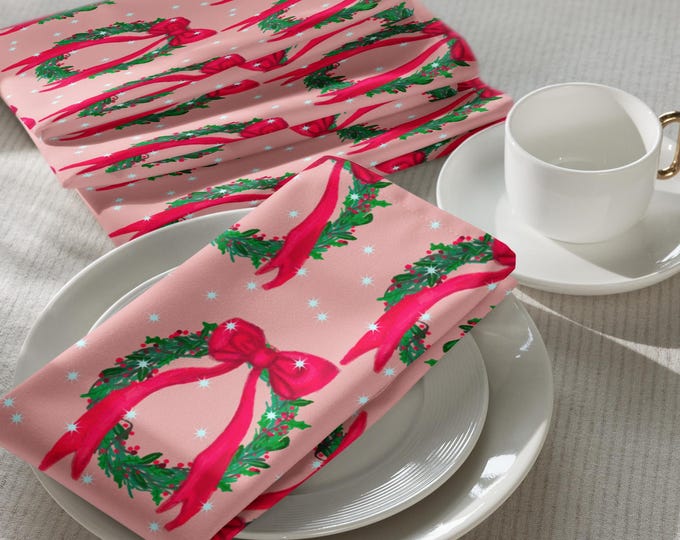 Cloth napkin set: Hand-drawn Red Wreath Bow pattern