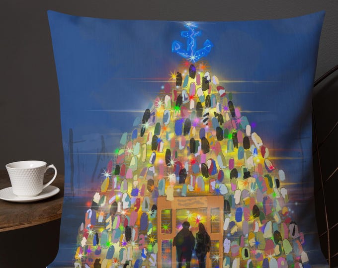 Hand-drawn Lobster Trap Christmas Tree on Premium Pillow
