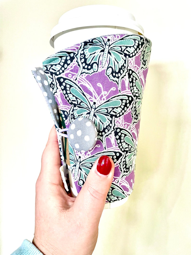 Coffee Cozy-fits all size hot/iced drinks Pattern: Better to Be a Butterfly image 1