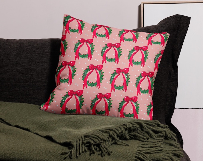 Red Bow Wreath pattern Premium Pillow
