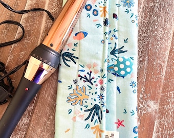 Hot hair iron travel pouch: curling iron, flat iron, insulated bag; Aqua Coral Reef print