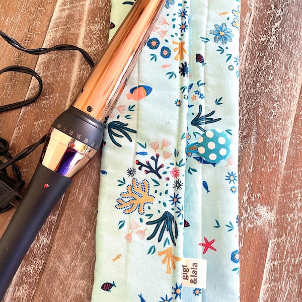 Hot hair iron travel pouch: curling iron, flat iron, insulated bag; Aqua Coral Reef print