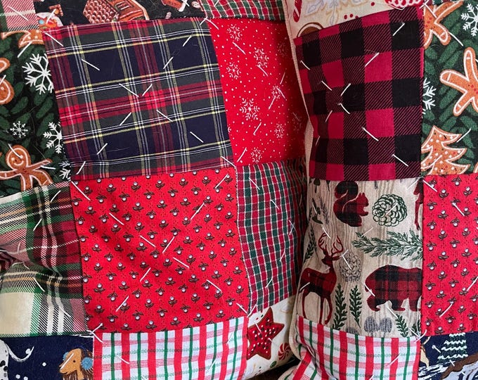 Hand quilted patchwork pillow sham / Vintage Holiday pattern