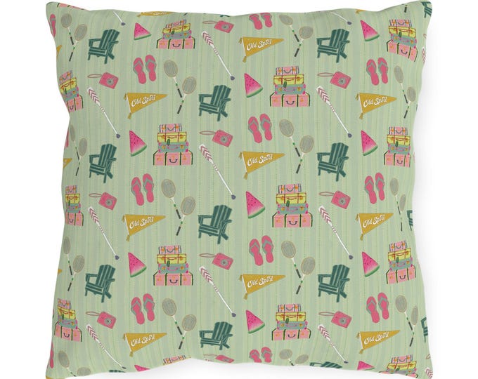 Vintage Preppy Vacation Pattern Outdoor Pillows | Adirondack Chairs, Flip Flops, Watermelon