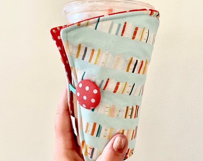 Coffee Cozy-fits all size hot/iced drinks Pattern: Library Love