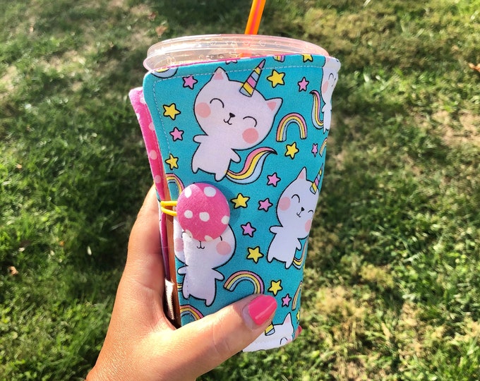 Coffee Cozy-fits all size hot/iced drinks Pattern: Rainbow Unikitty