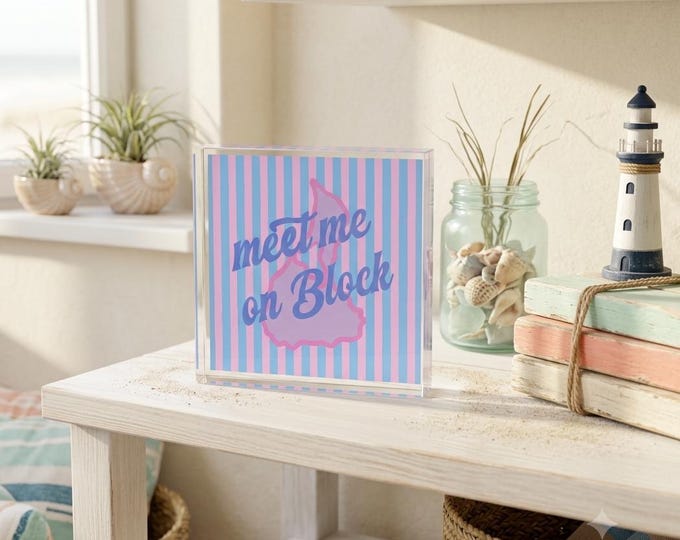 Block Island RI Acrylic Block Sign | Hand-drawn Preppy Coastal Decor