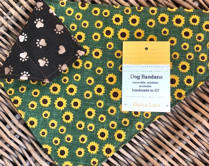 Dog bandana/Pet bandana/Cat bandana, Reversible, slips on collar, slide on collar, sunflowers, paw prints