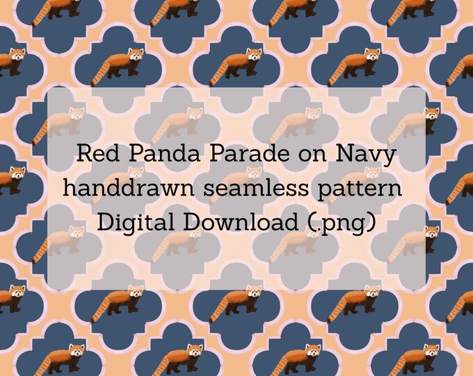 Red Panda Parade on Navy hand-drawn seamless pattern digital download (.png)