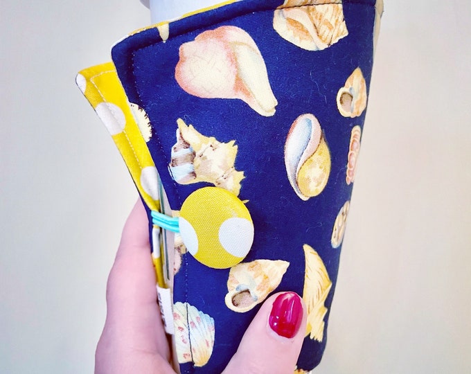 Coffee Cozy-fits all size hot/iced drinks Pattern: Navy Shell Seeker