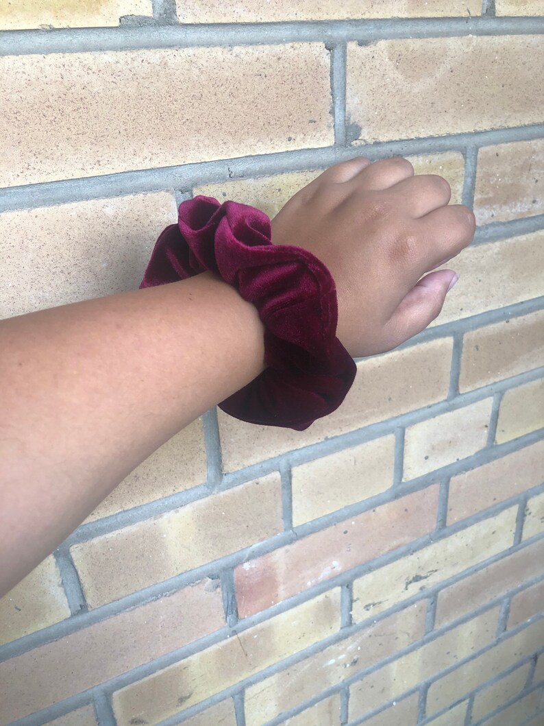 Wine coloured velvet scrunchie hair tie
