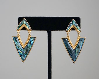 80s Blue Earrings - Vintage Blue Gold Earrings - Faux Abalone Earrings Enamel Duri