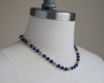 80s, 90s Necklace - Vintage Napier Necklace Gold Blue Beaded Necklace - Blue Necklace