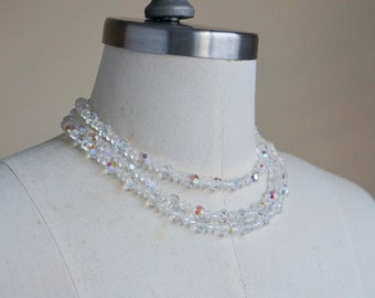 50s, 60s Beaded Necklace - Vintage Glass Necklace Aurora Borealis - Lisner Clear Beaded Necklace