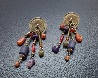 90s Earrings - Vintage Beaded Earrings - Bronze Earrings Purple Earrings