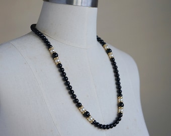 80s Beaded Necklace - Vintage Gold Black Beaded Necklace - Napier Necklace Faux Pearl