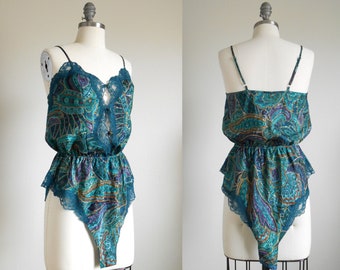 80s, 90s vintage teddy lingerie - teal gold paisley teddy lingerie XS bodysuit - 80s/90s Paisley Perfect teddy lingerie