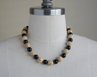 80s, 90s Necklace - Black Tan Necklace - Black Beaded Necklace Judie Ingram