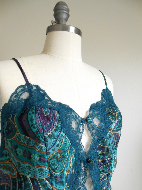 80s, 90s vintage teddy lingerie - teal gold paisl… - image 2