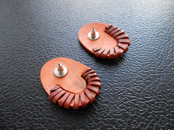 80s vintage earrings – orange brown wood leather … - image 4