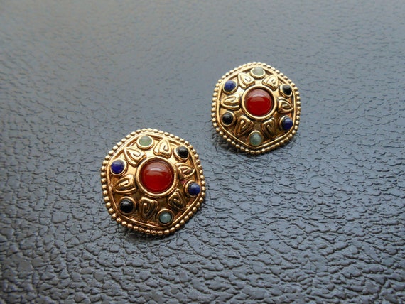 80s, 90s vintage earrings - gold brown green blue… - image 1