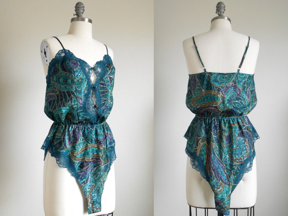 80s, 90s vintage teddy lingerie - teal gold paisle