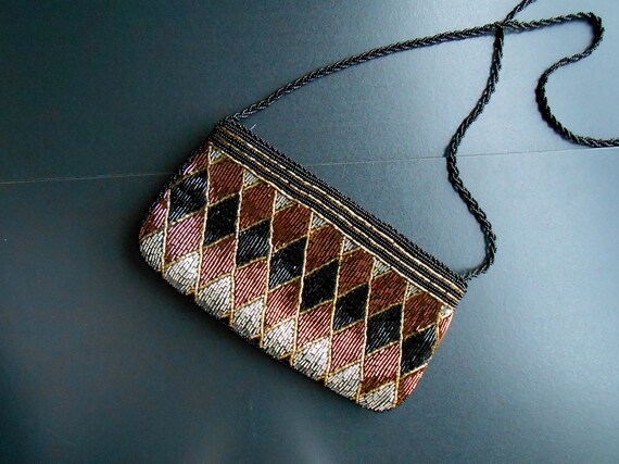 80s vintage beaded bag - black brown metallic pur… - image 5