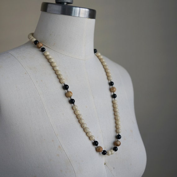 80s, 90s Beaded Necklace - Vintage Black Tan Ston… - image 2