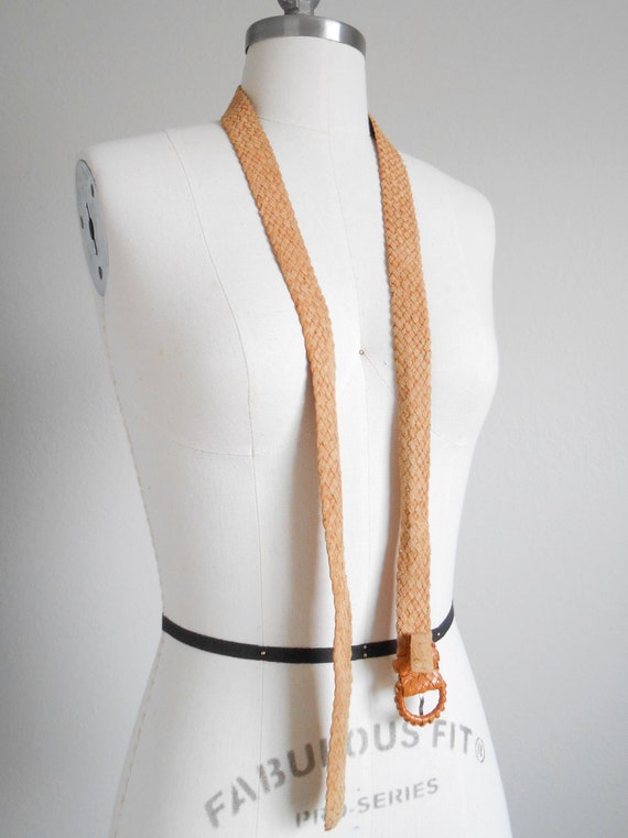 70s vintage belt - leather caramel brown braided … - image 5