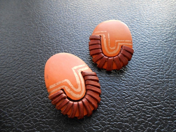 80s vintage earrings – orange brown wood leather … - image 1