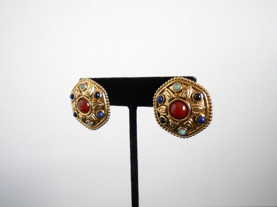 80s, 90s vintage earrings - gold brown green blue… - image 4