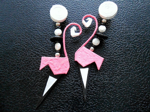 80s vintage earrings - pink white black paper mac… - image 1